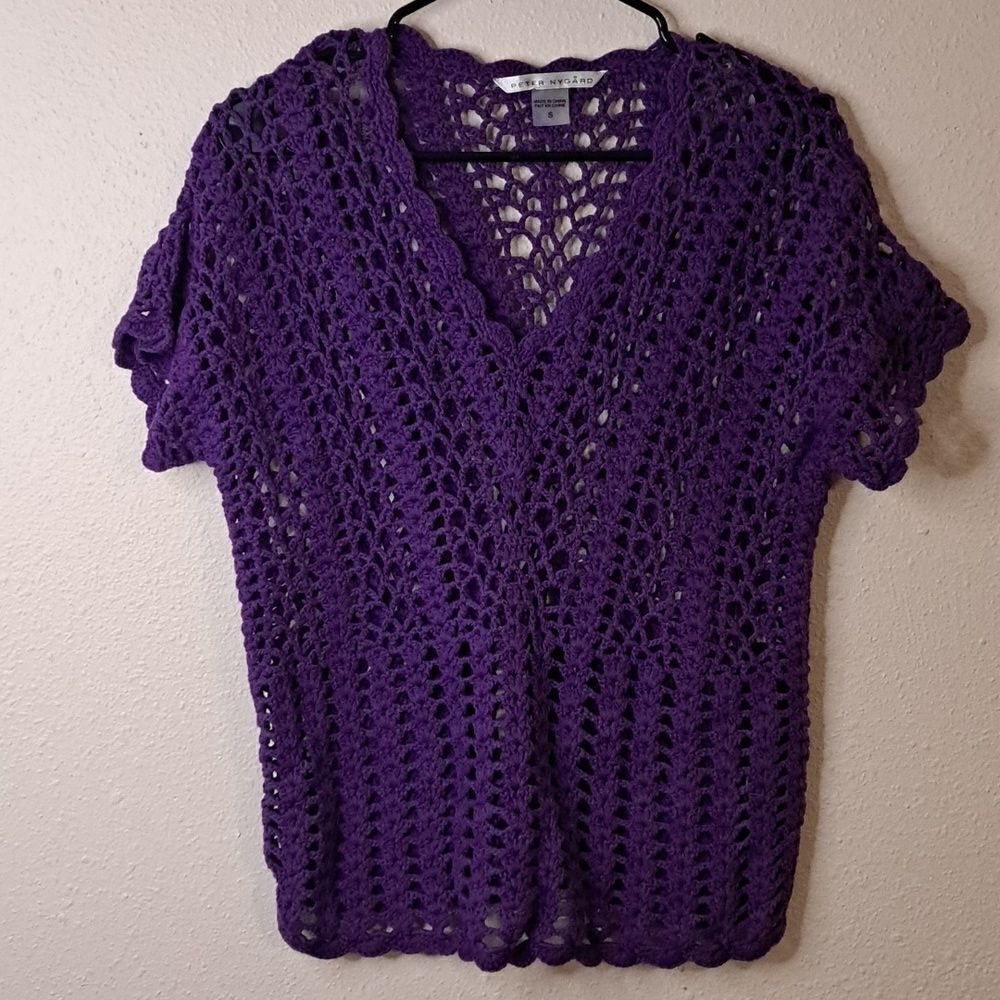 Peter Nygard purple crochet short sleeve sweater size small